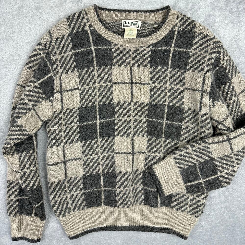 Vintage LL Bean 100% Wool Sweater Made in USA Mens Small Plaid Pullover Heavy
